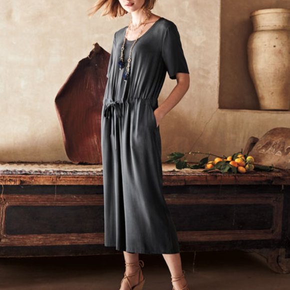 NWT EILEEN FISHER Graphite Silk Georgette Crepe Crop Wide Leg U-Neck Jumpsuit - Picture 1 of 7